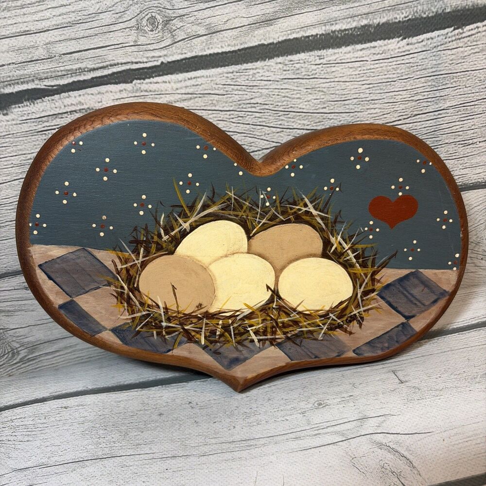 Vintage Heart Wood Wall Hanging w/ Painted Eggs Farmhouse Decor Blue